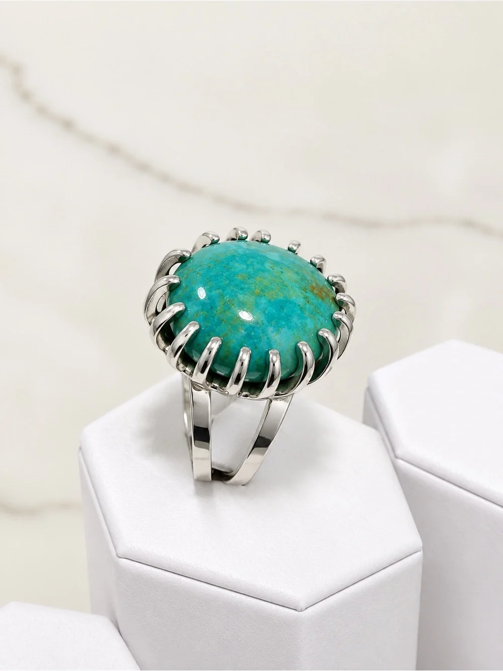 Turquoise Stone Silver Cocktail Ring - Blue Green Cabochon